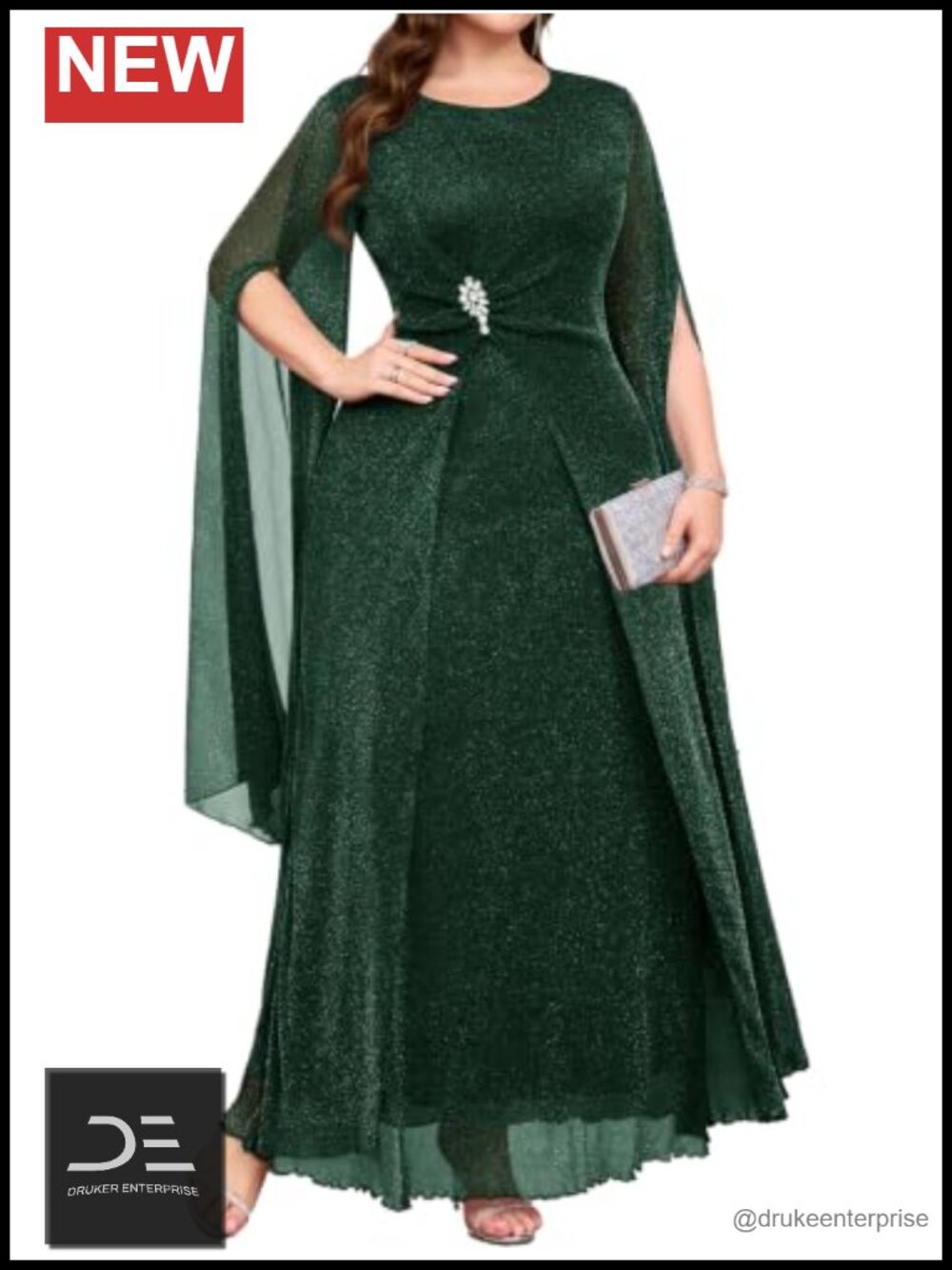 Plus Size Sparkly Mesh Evening Gown Formal Maxi Dress Statement Sleeves Gala